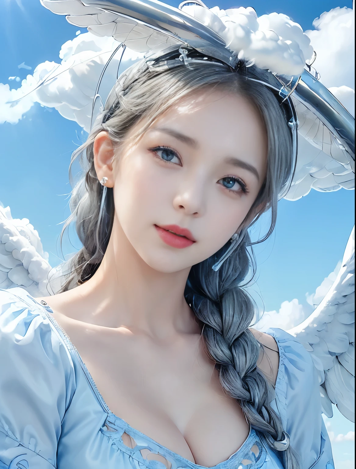 ((Only blue sky and clouds on background:1.8))、((sky ring of angels above your head:1.8))、((Stand on the clouds:1.5))、((cowboy shot:1.5))、((bangs:1.6))、((Photo from below:1.2))、((1 girl:1.8))、((solo:1.8))、break((slender body:1.2))、((Moderate:1.2,Cleavage 1.2)),break(Wearing a white fur coat:1.5,white tight mesh dress:1.5),break(large white angel wings on the back:1.5)、((Stand on the cloudsポーズ:1.5))、Photo from the front:1.5、8k wallpaper、Super high resolution,break((photorealistic stick:1.4)),table top,highest quality,perfect lighting,detailed lighting,dramatic light and shadow,ray tracing,break(perfect anatomy:1.4)、((looking at the viewer))、detailed face、detailed eye、detailed clavicle、skin that looks real、break(20-year-old)、((laughter:1.1))、((Silver semi-long:1.5,Braiding the head:1.3))、(aqua blue eyes、eyeliner、red lips)