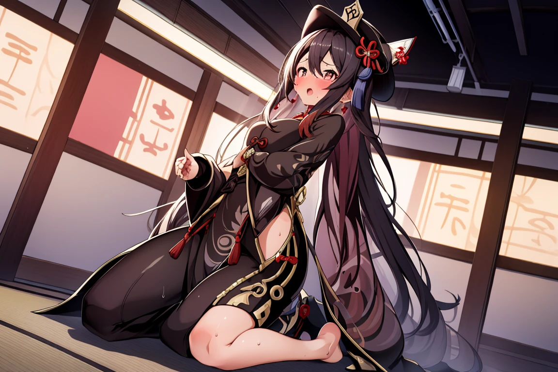 alone, 1 girl, masterpiece, best quality, Japanese cartoons, highly detailed back ground,blush,crouch,shy,blush,kneeling,original clothing,HuTaoV4,cheongsam,Magician hat,mid length skirt,open mouth,Slobber,sweat,frown,Uncomfortable expression,A patient expression