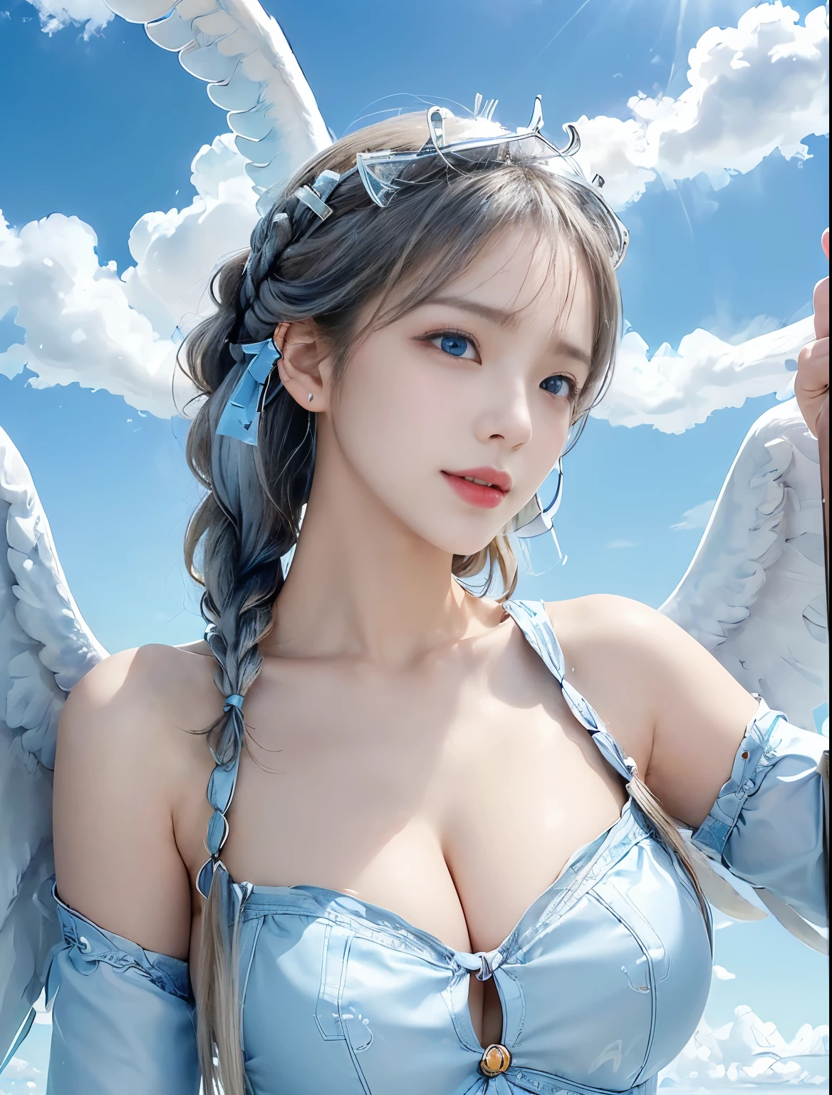 ((Only blue sky and clouds on background:1.8))、((sky ring of angels above your head:1.8))、((Stand on the clouds:1.5))、((cowboy shot:1.5))、((bangs:1.6))、((Photo from below:1.2))、((1 girl:1.8))、((solo:1.8))、break((slender body:1.2))、((Moderate:1.2,Cleavage 1.2)),break(Wearing a white fur coat:1.5,white tight mesh dress:1.5),break(large white angel wings on the back:1.5)、((Stand on the cloudsポーズ:1.5))、Photo from the front:1.5、8k wallpaper、Super high resolution,break((photorealistic stick:1.4)),table top,highest quality,perfect lighting,detailed lighting,dramatic light and shadow,ray tracing,break(perfect anatomy:1.4)、((looking at the viewer))、detailed face、detailed eye、detailed clavicle、skin that looks real、break(20-year-old)、((laughter:1.1))、((Silver semi-long:1.5,Braiding the head:1.3))、(aqua blue eyes、eyeliner、red lips)