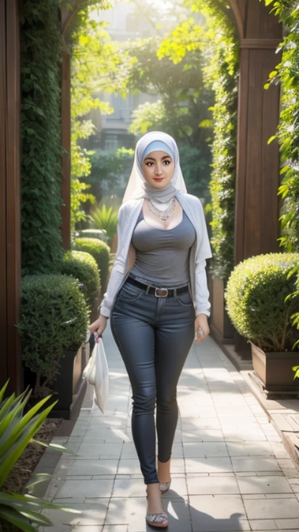 RAW, Best quality, high resolution, masterpiece: 1.3), beautiful Malay woman in hijab,Masterpiece, perfect slim fit body, (big breasts), big gorgeous eyes, Soft smile, wear a grey tight singlet, short pants, necklace, shairband, afternoon walk, City garden, Excellent lighting, Bright colors, Clean lines