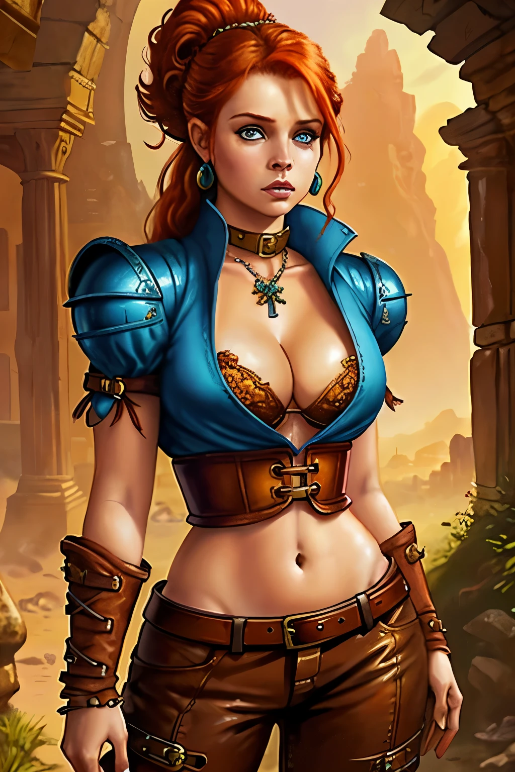 (Face-BarbaraPalvin:0.8) (D&D rogue character:1.2) painting ginger woman auburn hair (updo:1.1), loose white shirt, ((completely unbuttoned, showing navel and cleavage)), leather pants pauldron teal armor belt, detailed background ancient ruins (small_breasts:1.1) (masterpiece) (best quality) (detailed) (8k) (wallpaper) (cinematic lighting) (sharp focus) (intricate) (Style-Autumn:0.5)
