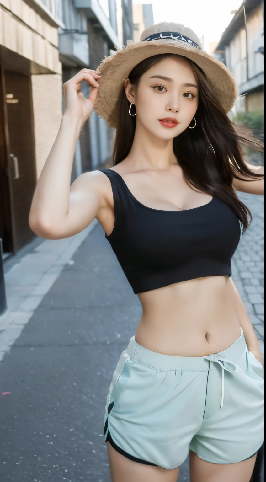 ((Best Quality, 8K, Masterpiece: 1.3)), (Flower Hat: 1.3), Focus: 1.2, Perfect Body Beauty: 1.4, Buttocks: 1.2, (Layered Haircut: 1.2)), (Dark Street: 1.3), Highly detailed face and skin texture, Full body, Fine eyes, Double eyelids, Whitened skin, Long hair, (Round face: 1.5), (Loose crop top, Shorts: 1.6) cleavage prominent pleated skirt Big breasts leaking long legall))