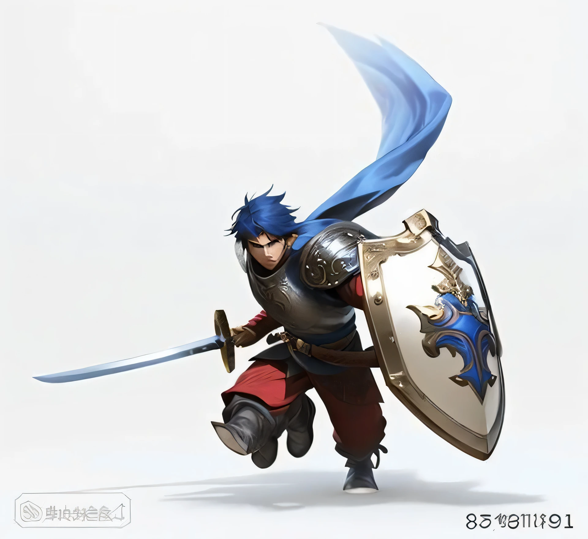 with sword and shield牌的人的特写, Krenz Kushat and Lin Wenjun, brandishing sword and shield, author：Li Quanshuo, final fantasy artwork concept, 《Genshin》Ke Qingyu, author：Yang Jie, Heroes 2D fan artartstation, ( ( 角色concept art ) ), with sword and shield((best quality)), ((masterpiece)), (detailed), perfect face，alone,simple background,Handsome boy，holding sword,stabbing object,The movements are very cool，Action jumping，blue hair，White undertone，jump up,whole body,Weapon array,male focus,Frilled waistband,War knives,Have a weapon,armor,concept art,animal on head,Hold the sword,Aegis,Breastplate,Teutonic Knights,whisky,Keep the Shield Master in the works，best picture quality，higher quality，more details，ultra high resolution，highest resolution，8K resolution，3d rendering，