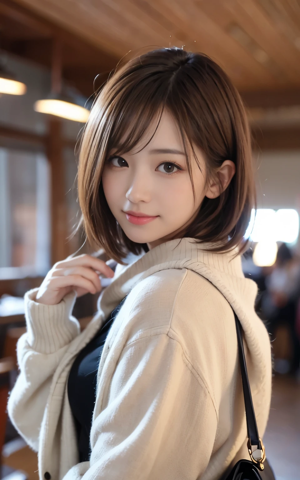 cute 21 year old japanese、School、University、During class、super detail face、eye for details、double eyelid、beautiful thin nose、sharp focus:1.2、Beautiful woman:1.4、(light brown hair,short haired、),pure white skin、highest quality、masterpiece、Super high resolution、(Photoreal:1.4)、Highly detailed and professional lighting、nice smile、No exposure、Cute winter clothes、