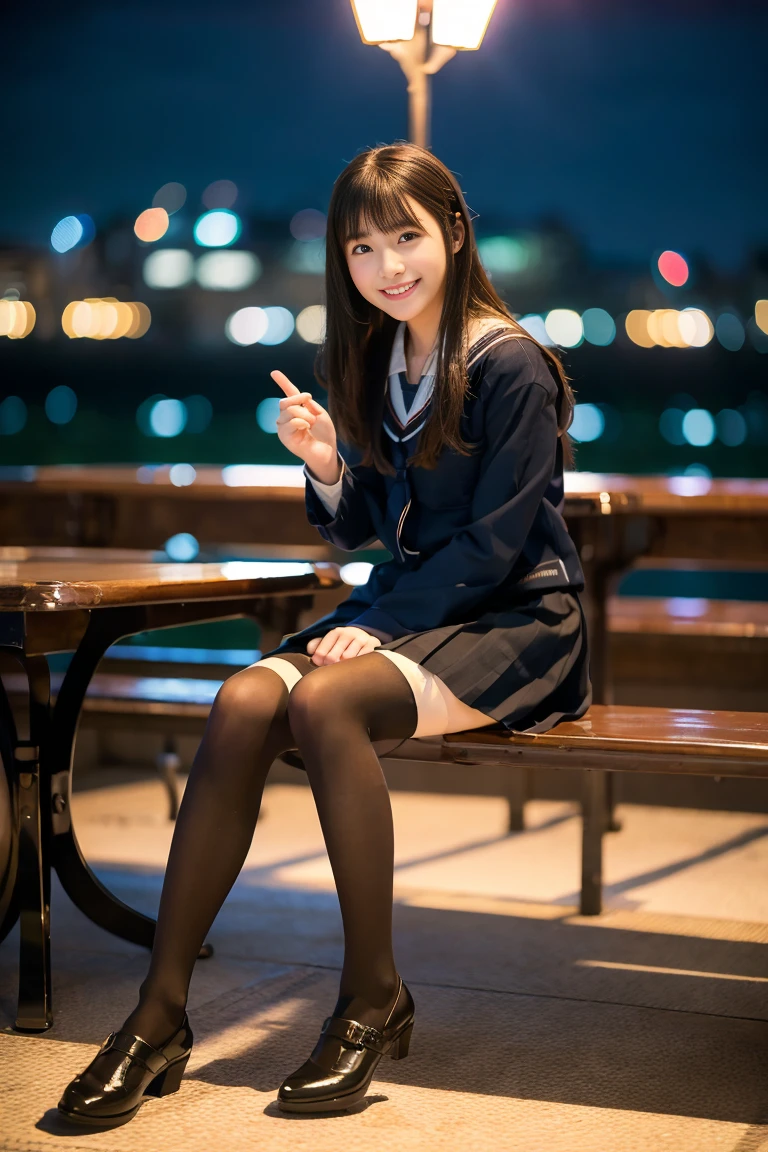 Ulchan-6500-v1.1, (RAW photo:1.2), (Photoreal), beautiful detailed girl, sitting on the bench、(genuine: 1.4), ((japanese school uniform:1.2、Super realistic black tights:1.2))、((night city:1.2)), Self snap, Instagram、game_nffsw, huge file size, High resolution, very detailed, highest quality, [masterpiece:1.6], enlightenment, very detailed, nffsw, finely, highest quality, 8k wallpaper, movie lighting, 1 girl, , perfect body shape, cute droopy eyes beautiful big eyes、Pieck finger, ((table top)), highest quality, 1 girl, eye shadow, portrait, ((full body shot:1.4))、(very affectionate smile:1.2)、realistic skin texture、shiny skin、exposed thighs!!!