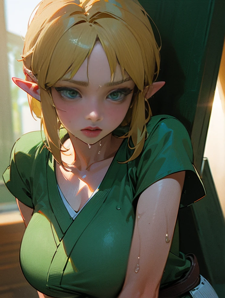 Superior Quality, Masterpiece, Ultra High Resolution, (Photorealistic: 1.4), Raw Photo, a girl, green kimono, green eyes, walking, temple, sunlight, (link:1.5), legend of zelda, GS-Womanly, blonde hair, Sweat, Wet, gigantic breasts, female ejaculation, Trembling girl