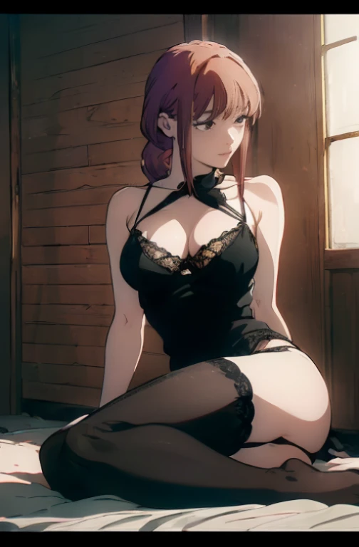  ((((Obra maestra, La mejor calidad, ultrahigh resolution)))), perfect anatomy, naked woman wearing lingerie , breasts, underwear, thighhighs, red hair, bra, gloves, garter belt, clothes lift, large breasts, panties, mature female, mouth hold,indoors, sleeveless, shirt lift, cleavage, black panties, braided ponytail,