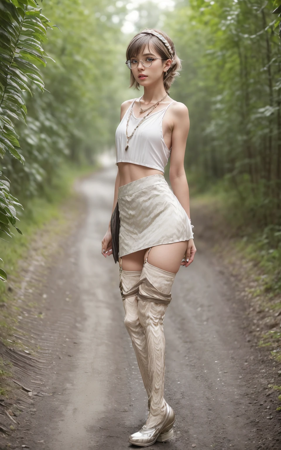 Emma Watson, (Best quality details: 1.2), realistic, 8K UHD, high definition, Sexy milf relist, bikini, in the woods, view on the back, butt cheeks, curving, short brown hair, curly skirt --auto --s2