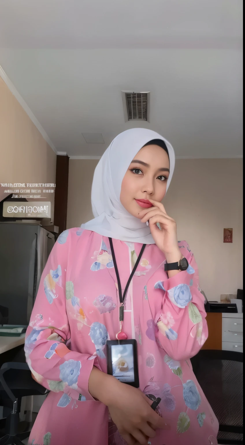 RAW, Best quality, high resolution, masterpiece: 1.3), Beautiful Malay woman in hijab, Masterpiece, perfect fit body, Big breasts, beautiful big eyes, Soft smile,RAW, Best quality, high resolution, masterpiece: 1.3), beautiful Malay woman in hijab,Masterpiece, perfect fit body, big breast, big orgeous eyes, Soft smile, woman pink_shirt, wearing handscarf,long dress , smooth turtleneck, necklace , hairband, evening walk, City park, Great lighting, Bright colors, Clean lines