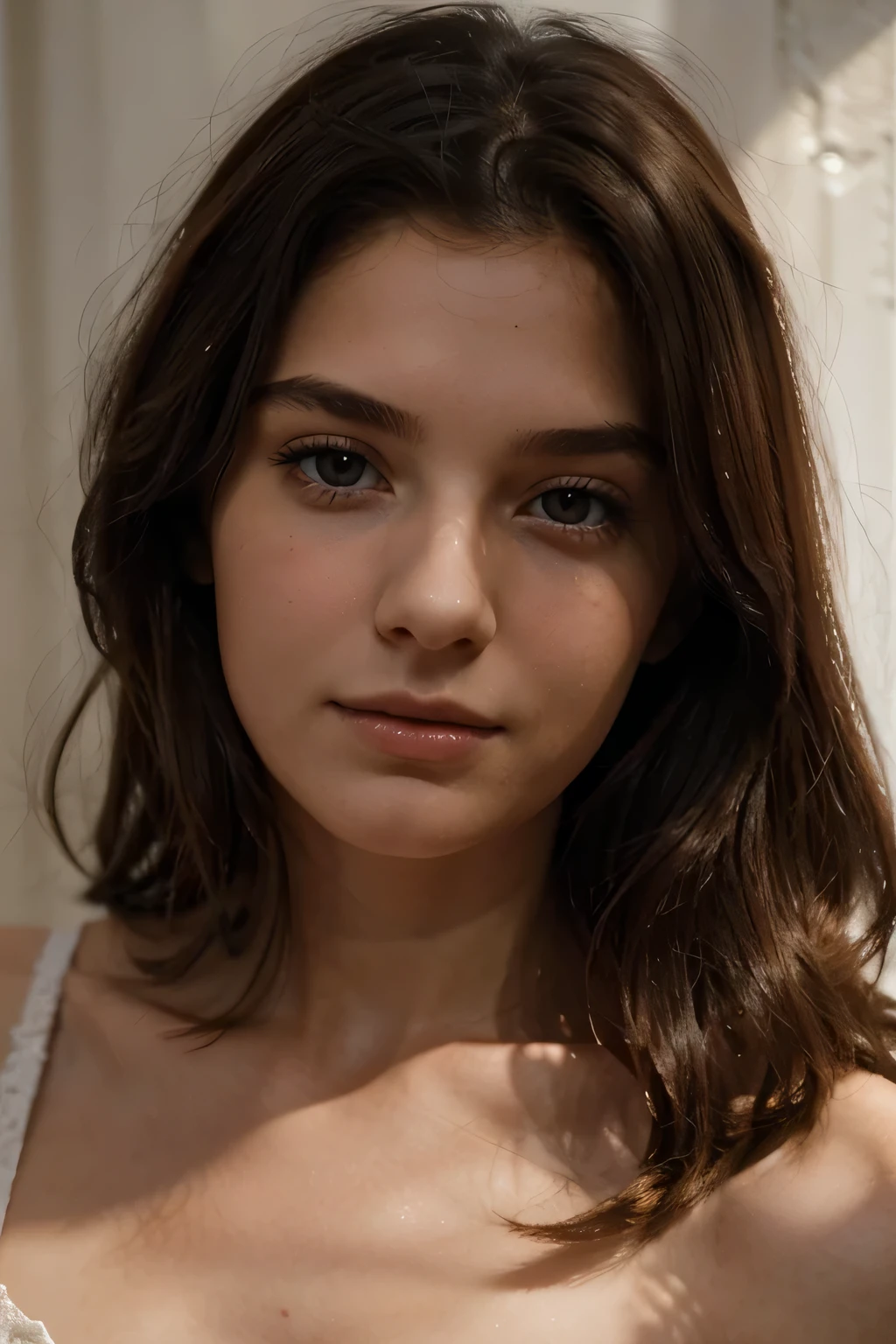 beautiful lady, dark makeup, hyperdetailed photography, soft light, head and shoulders portrait, cover, caucasian, dark hair, Beautiful italian face, round eyes, small nose.