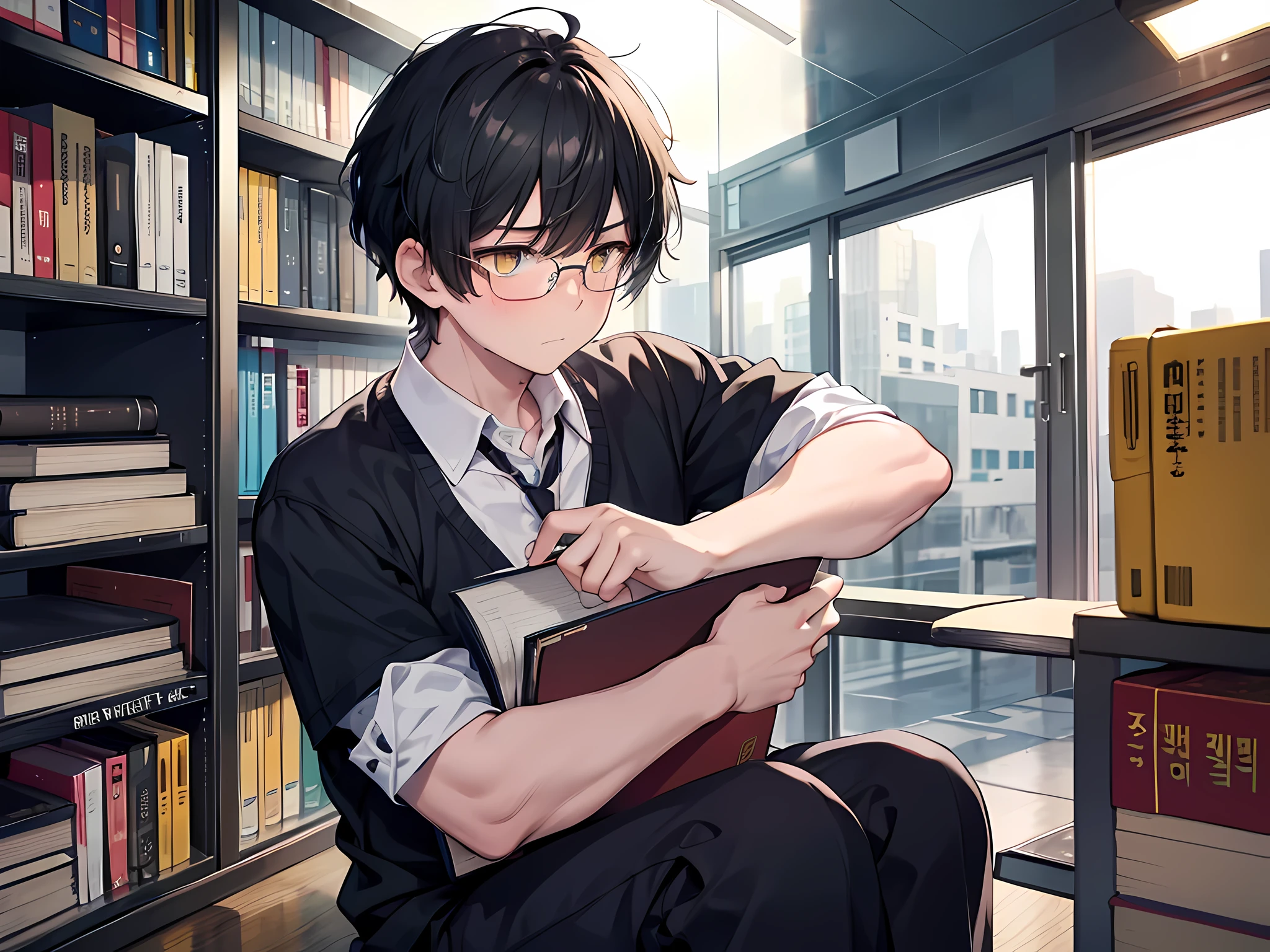 a weak boy with a black short hair, yellow eyes, rounded glasses, wearing korean school uniform, crying, loser at school, victim of bullying, weak, helpless, book worm, loser at school, victim of bullying, weak, helpless, the background is at school library
