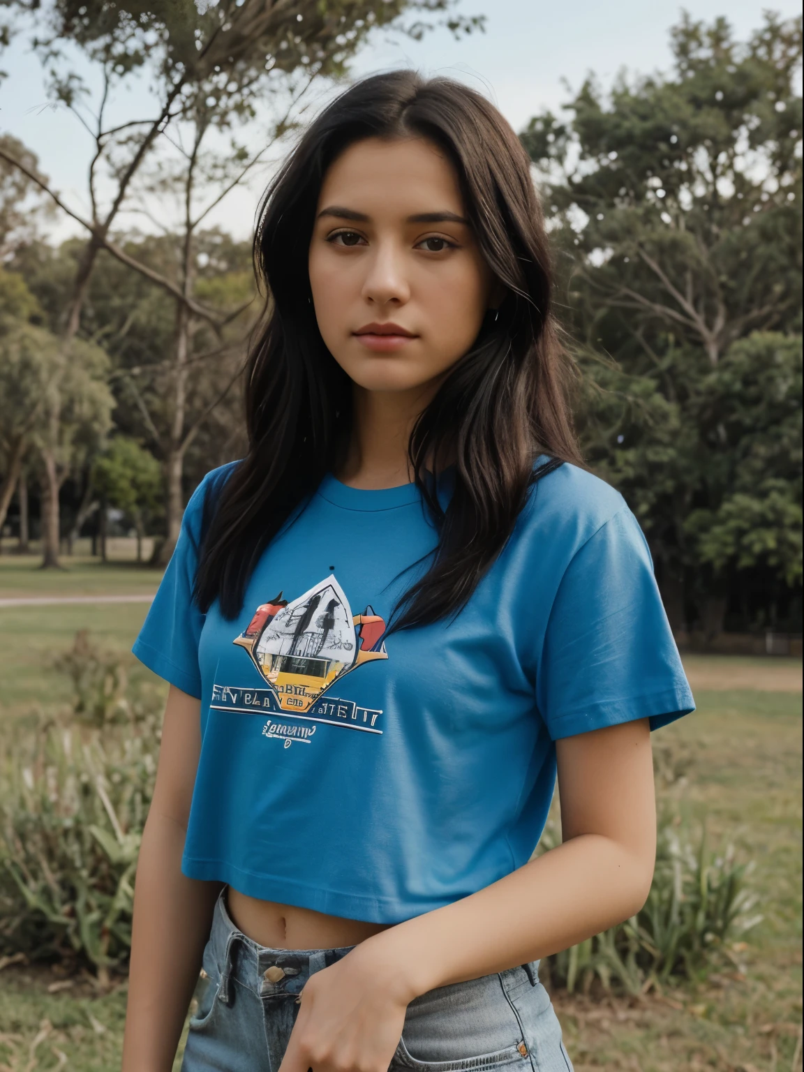22 year old beautiful blue and dark hair model, se encuentra en el parque vistiendo una camiseta negra y minifalda rosita. Mirando a otro lado, mostrando el culo sutilmente, soleado atardecer, foto vislumbrada, grass