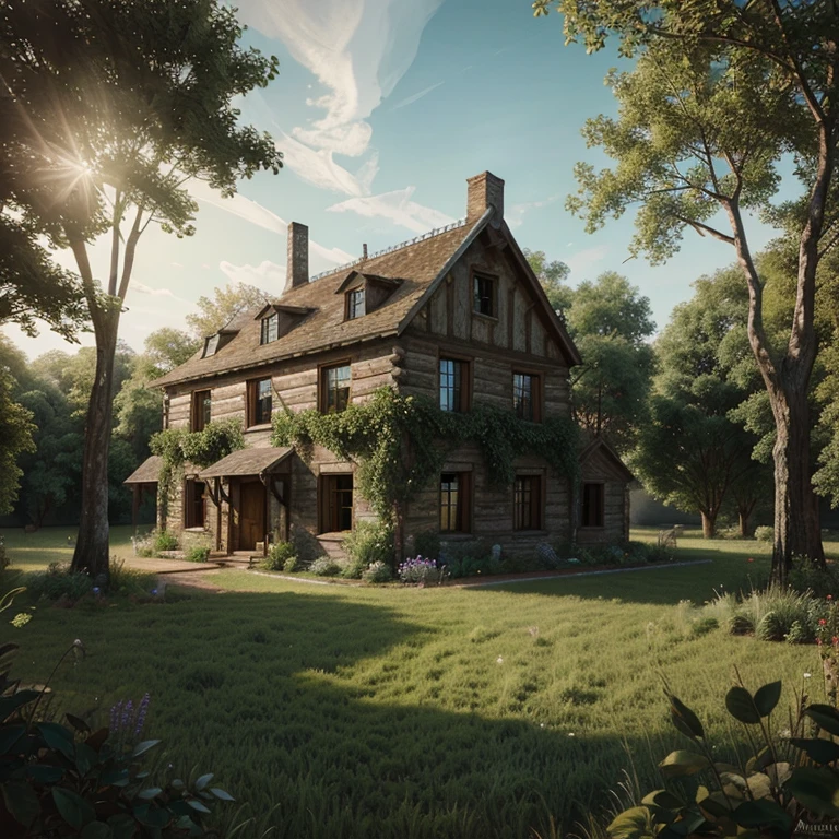 Drawing of old farm house in architectural painting style with futuristic landscape and enchanted forest