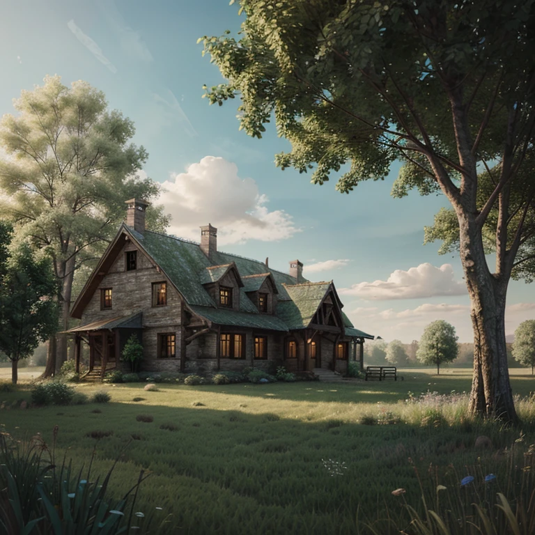 Drawing of old farm house in architectural painting style with futuristic landscape and enchanted forest 