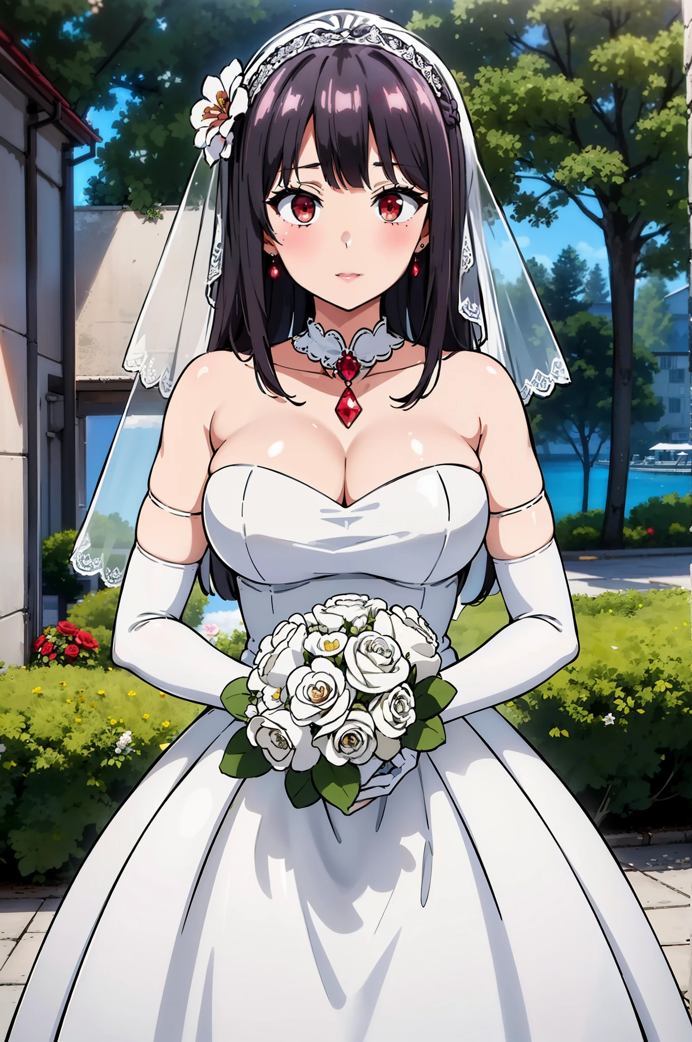 
red eyes,Bangs, Black_hair, long_hair,
 Close-up of beautiful bride in bridal dress,Gurwitz，Blushing face，Head flower，headgear，（tube top wedding dress：1.5），（silk dress：1.2）,（strapless wedding dress：1.5）,pure white dress，necklace，earrings,(large breasts:1.3)，Neck ornaments，Deep V peach heart collar wedding dress，Bangs，Bouquet，lipstick，（White long elbow gloves：1.3），(Bridal veil:1.2），（Transparent short veil：1.2），Bust photo,High detail RAW color art,Tyndall phenomenon,front，Half body