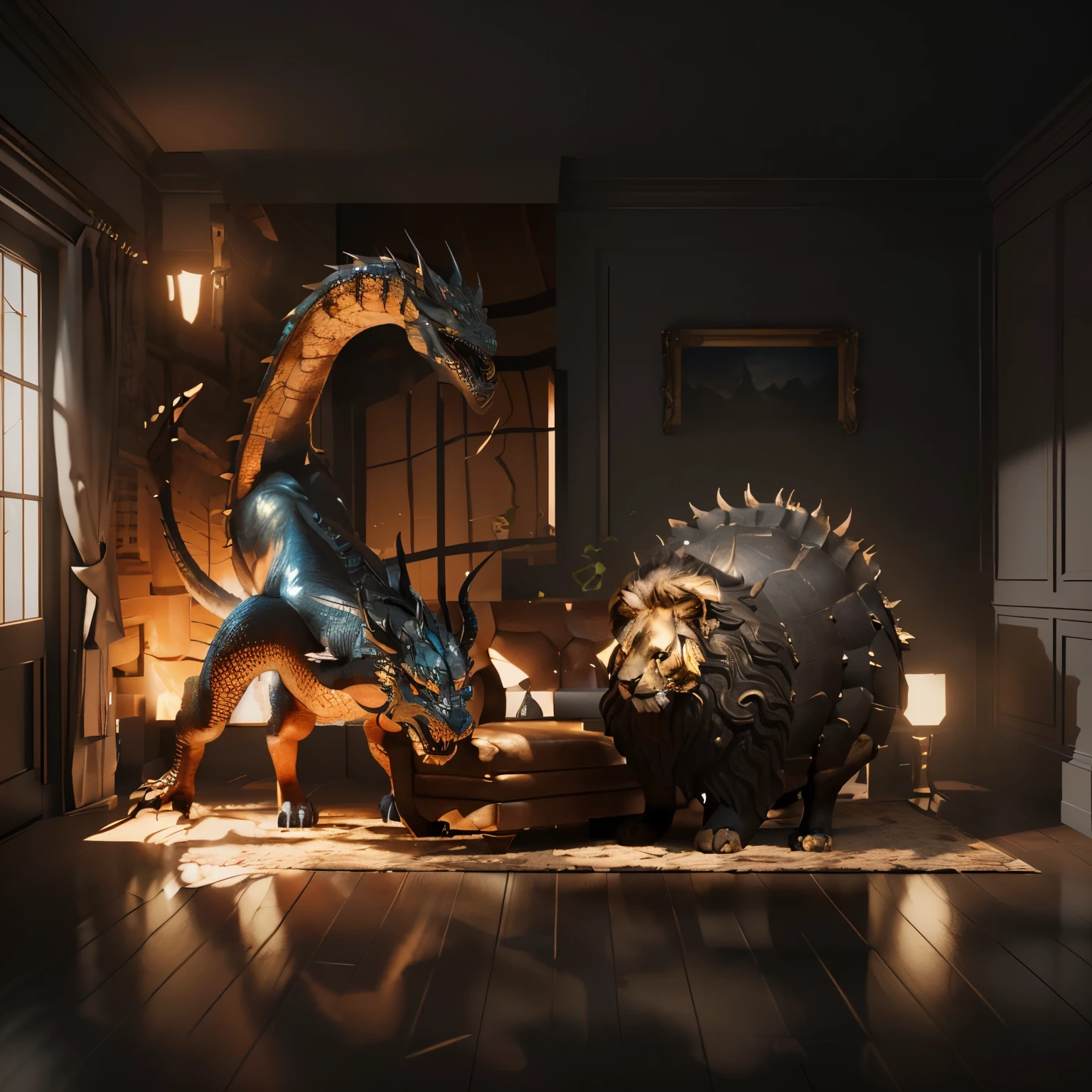 Best image quality, 4k, masterpiece, there are two statues of a dragon and a lion in a living room, 3 d epic illustrations, ultra realistic 3d illustration, realistic fantasy render, photorealistic dark concept art, realistic photography paleoart, (octane render) fantasy style, hyper realistic fantasy monster, rolands zilvinskis 3d render art, realistic fantasy illustration, daily render