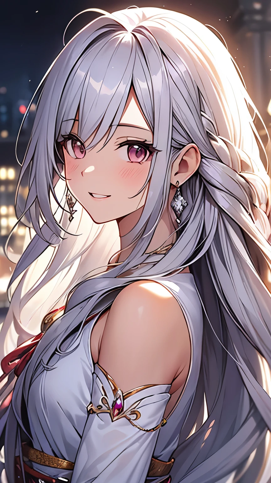 long hair, crystal earrings, blush, smile, silver hair, hair strand, ribbon, parted lips, character chart, first-person view, tachi-e, anime style, masterpiece