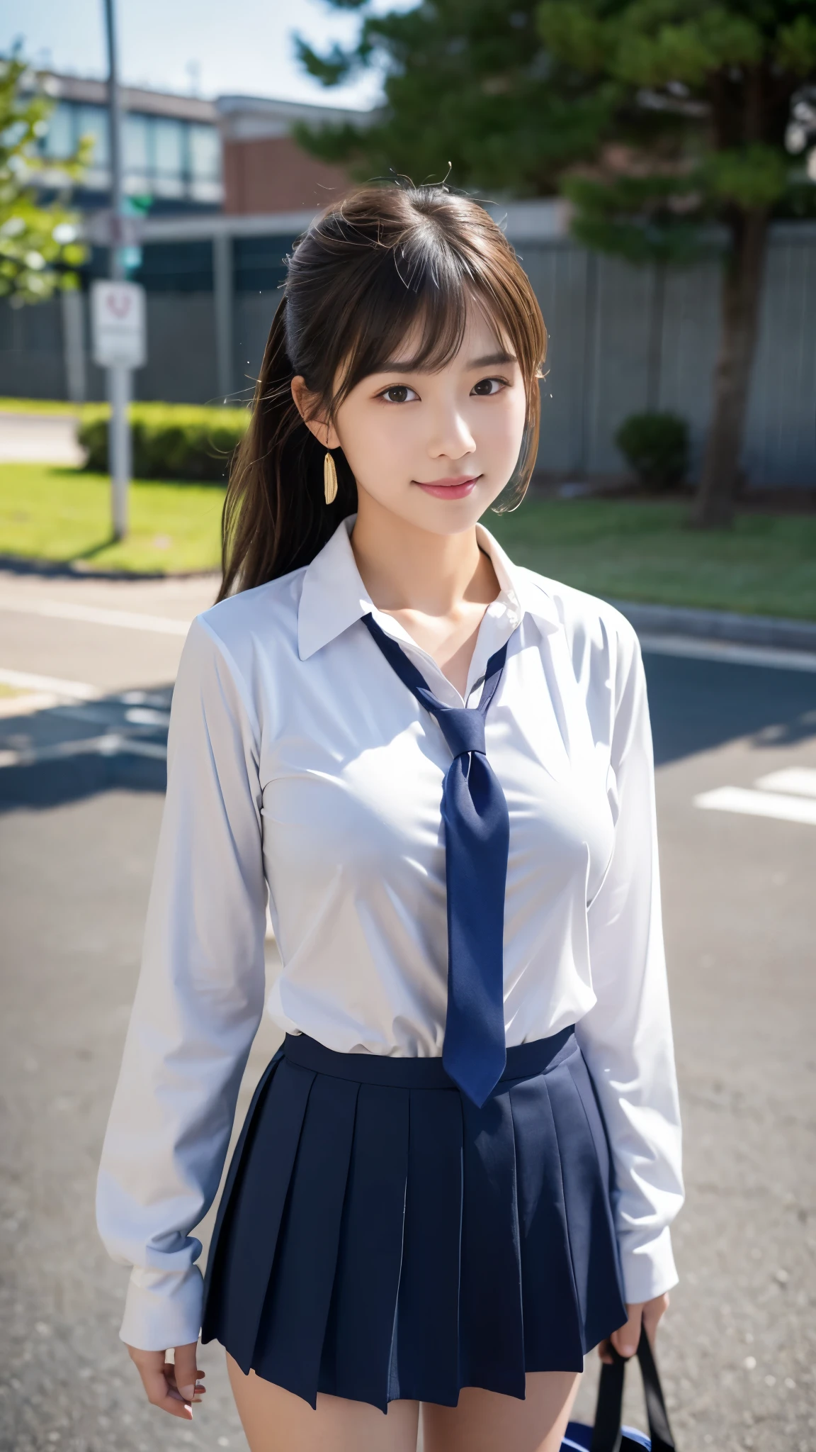 mix 4, (16K, Raw photo, best image quality, masterpiece: 1.45), (realistic, Photoreal: 1.37), one girl, cute, cityscape,, professional lighting, photon mapping, school classroom, Physically based rendering, dark brown hair,ponytail hairstyle, Beautiful well-groomed eyes、((double eyelid))、super cute girl, (((school uniform、blazer、Long-sleeved shirts worn by Japanese high school girls、ribbon tie、navy blue mini skirt,、dark blue socks、black loafers))), highest quality photos, High resolution, 1080P, (clear face), (Detailed facial description), (detailed description of hands), (masterpiece), (Detailed CG)、extreme light and shadow、messy hair、master work、Rich details、(detailed facial features)、(highest quality photos)、(Masseter muscle part)、(detailed eye)、look in front of you、thin clavicle、((slender and big))、(((Japanese high school girls wear long-sleeved shirts)))、((neat idol))、((school gate、schoolyard、School building in the background))、(Take photos from random viewpoints)、(((Anyway it&#39;s cute)))、earrings、big smile、Draw the whole body from the knees、Do not draw fine lines、(((Sports bags used by Japan schoolgirls)))、(Big breasts that hang down big:1.2)、big firm butt、Two arms and two legs、(((from the front:0.7)))、bare hands、(((symmetrical eyes)))、standing pose、put your hands on the desk、Do not remove the tie from the jacket、raise your butt、cocked ass、