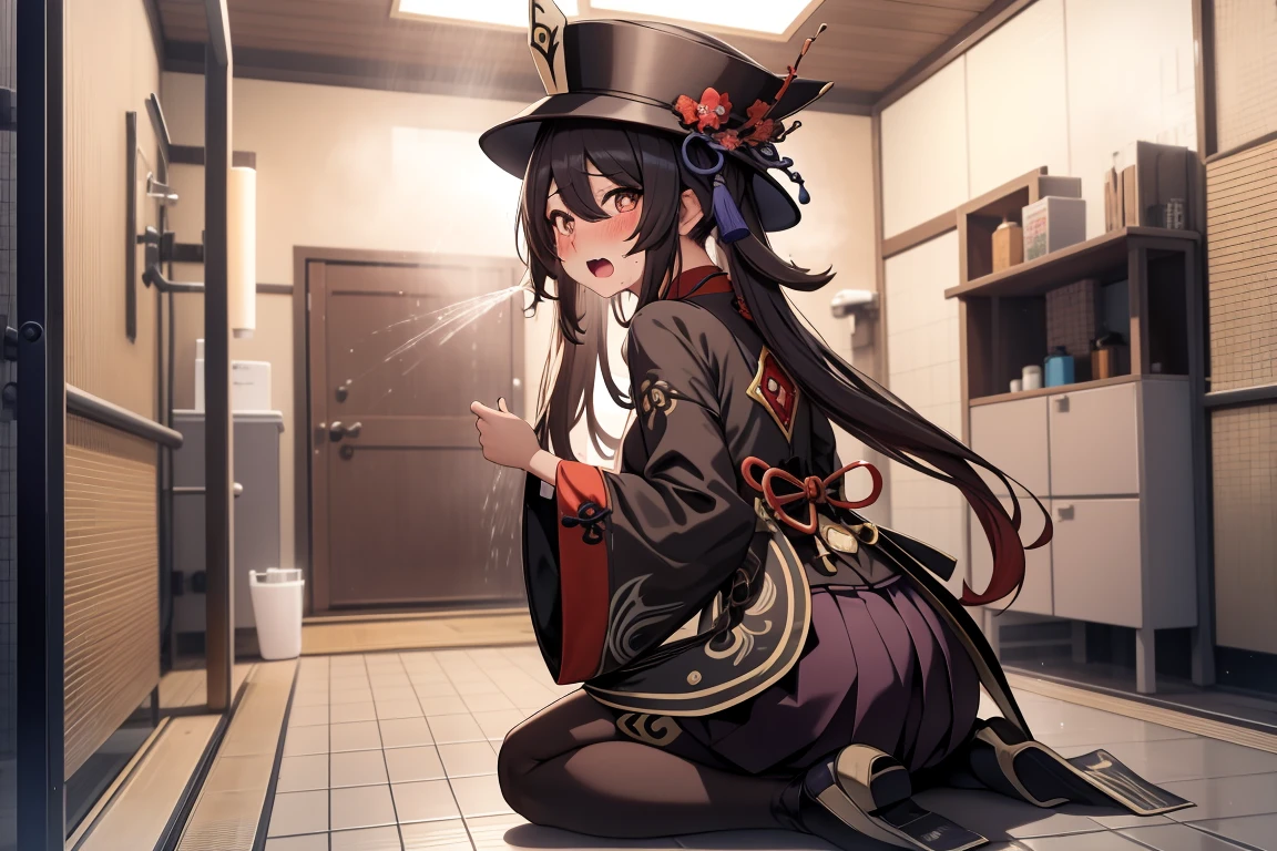 alone, 1 girl, masterpiece, best quality, Japanese cartoons, highly detailed back ground,blush,crouch,shy,blush,kneeling,original clothing,HuTaoV4,cheongsam,Magician hat,mid length skirt,open mouth,Slobber,sweat,frown,Uncomfortable expression,A patient expression,bathroom,tub,Shower