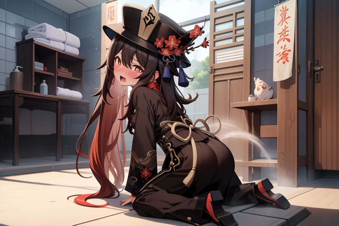 alone, 1 girl, masterpiece, best quality, Japanese cartoons, highly detailed back ground,blush，crouch，shy，blush，kneeling，original clothing，HuTaoV4，cheongsam，Magician hat，mid length skirt，open mouth，Slobber，sweat，frown，Uncomfortable expression，A patient expression，bathroom，tub，Shower