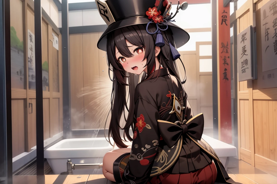 alone, 1 girl, masterpiece, best quality, Japanese cartoons, highly detailed back ground,blush，crouch，shy，blush，kneeling，original clothing，HuTaoV4，cheongsam，Magician hat，mid length skirt，open mouth，Slobber，sweat，frown，Uncomfortable expression，A patient expression，bathroom，tub，Shower