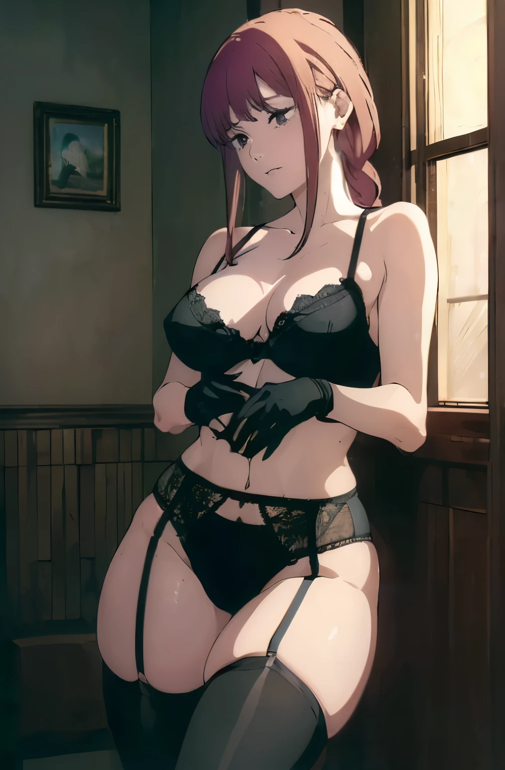 (((Obra maestra, La mejor calidad, ultrahigh resolution)))), perfect anatomy, naked woman wearing lingerie , breasts, underwear, thighhighs, red hair, bra, gloves, garter belt, clothes lift, large breasts, panties, mature female, mouth hold,indoors, sleeveless, shirt lift, cleavage, black panties, braided ponytail,