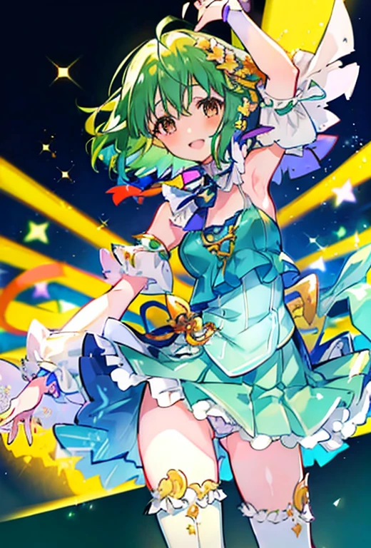 (anime:1.1), highest quality, table top,
1 girl, Lanka Lee,macross frontier　Lanka Lee, green hair, short hair、bob hair,small breasts, blue eyes, mature woman,  looking at the viewer, smile，Stage Performance, hot air，Idol style green kimono,White knee-high socks，jumping,，アイドルsinger standing in the center of the stage，アイドルsinger holding a microphone and singing， アイドルsinger&#39;serious and powerful expression. singer&#39;&#39;s voice is powerful and beautiful，fans gather around the stage， ファンはアイドルsingerと一緒に歌ったり踊ったりしています