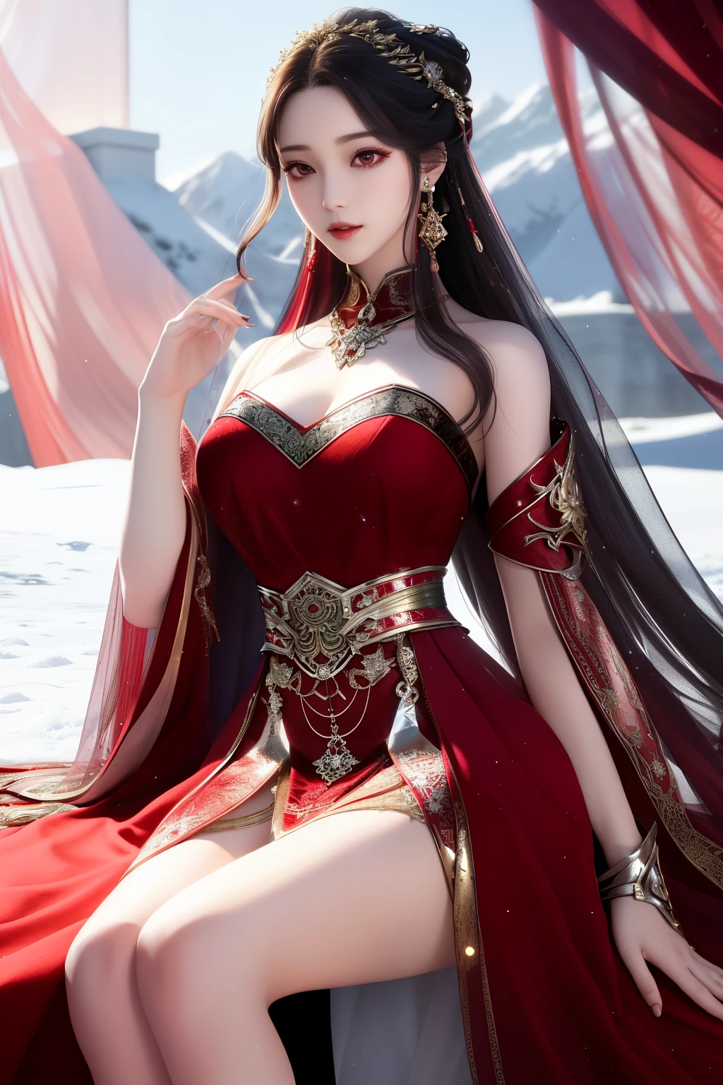 A woman in resplendent red is seated upon a pristine blanket of snow. She dons a long, transparent dress, its crimson hue shimmering through, revealing partially exposed shoulders adorned with intricate lace and delicate straps. The skirt of her dress is accentuated with artistic decorations and shimmering metallic elements, giving her an aura of formidable femininity and warrior-like essence. Metallic armor accessories and raised belts grace her waistline, further emphasizing this regal amalgamation of power and grace.
Her hair cascades down her back in a simple yet elegant style, framing her delicate and perfect facial features. Earrings ad