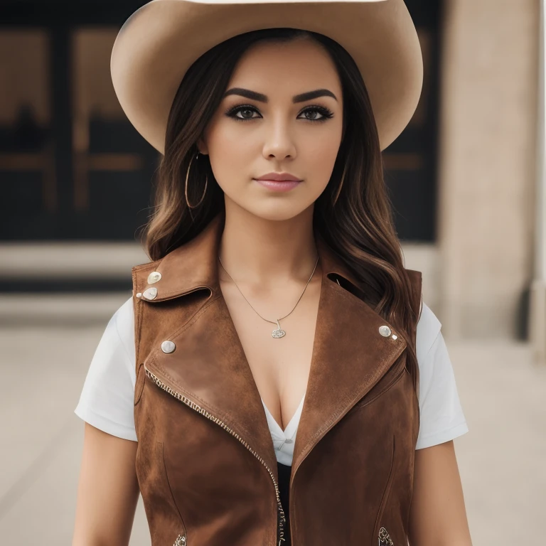 Stunning jaw-dropping cowgirl beauty wearing nothing but brown suede leather vest, chaps and boots // high detail RAW, perfect shallow depth of field, sharp focus, hyperrealism, cinematic lighting, full body shot face to knee