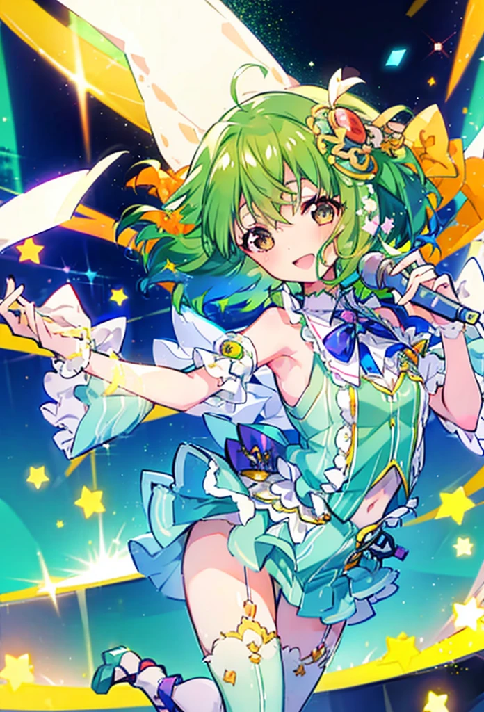 (anime:1.1), highest quality, table top,
1 girl, Lanka Lee,macross frontier　Lanka Lee, green hair, short hair、bob hair,small breasts, blue eyes, mature woman,  looking at the viewer, smile，Stage Performance, hot air，Idol style green kimono,White knee-high socks，jumping,，アイドルsinger standing in the center of the stage，アイドルsinger holding a microphone and singing， アイドルsinger&#39;serious and powerful expression. singer&#39;&#39;s voice is powerful and beautiful，fans gather around the stage， ファンはアイドルsingerと一緒に歌ったり踊ったりしています