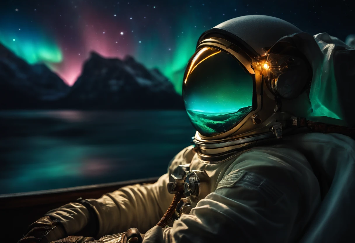 A Steampunk astronaut adrift in a sea of auroras, colorful aurora in space, fotografia realista, Dramatic moment, dynamic composition, astronauta detalhado, objeto perfeito, altamente detalhado, 128K resolution, HDR, Ultra-HD, Fotografia de obra-prima, Estilo 500px