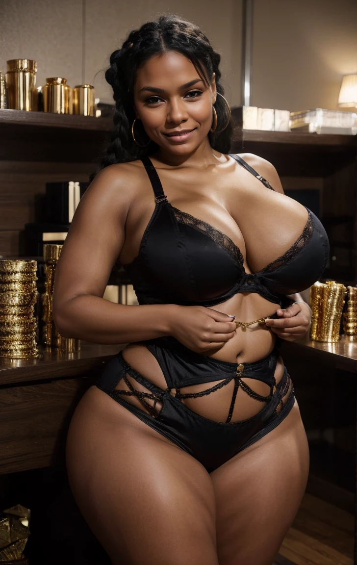 Beautiful black woman with blue braids  widest waist, fitting breasts, curvy accentuated booty, brown eyes, long eyelashes, thick thighs, Strong calves, smirk, , She wears lingerie, fishnet , , colors are , white, black, she waits in a bank vault surrounded by gold coins gold bars and loose piles of money, photorealistic, Masterpiece, bokeh, Volumetric lighting, Fall season atmosphere, full body shot,  wide hips, thick thighs, huge ass, enormous huge natural breasts, cleavage,detailed fingers, accurate fingers, ((goth)), puckered lips