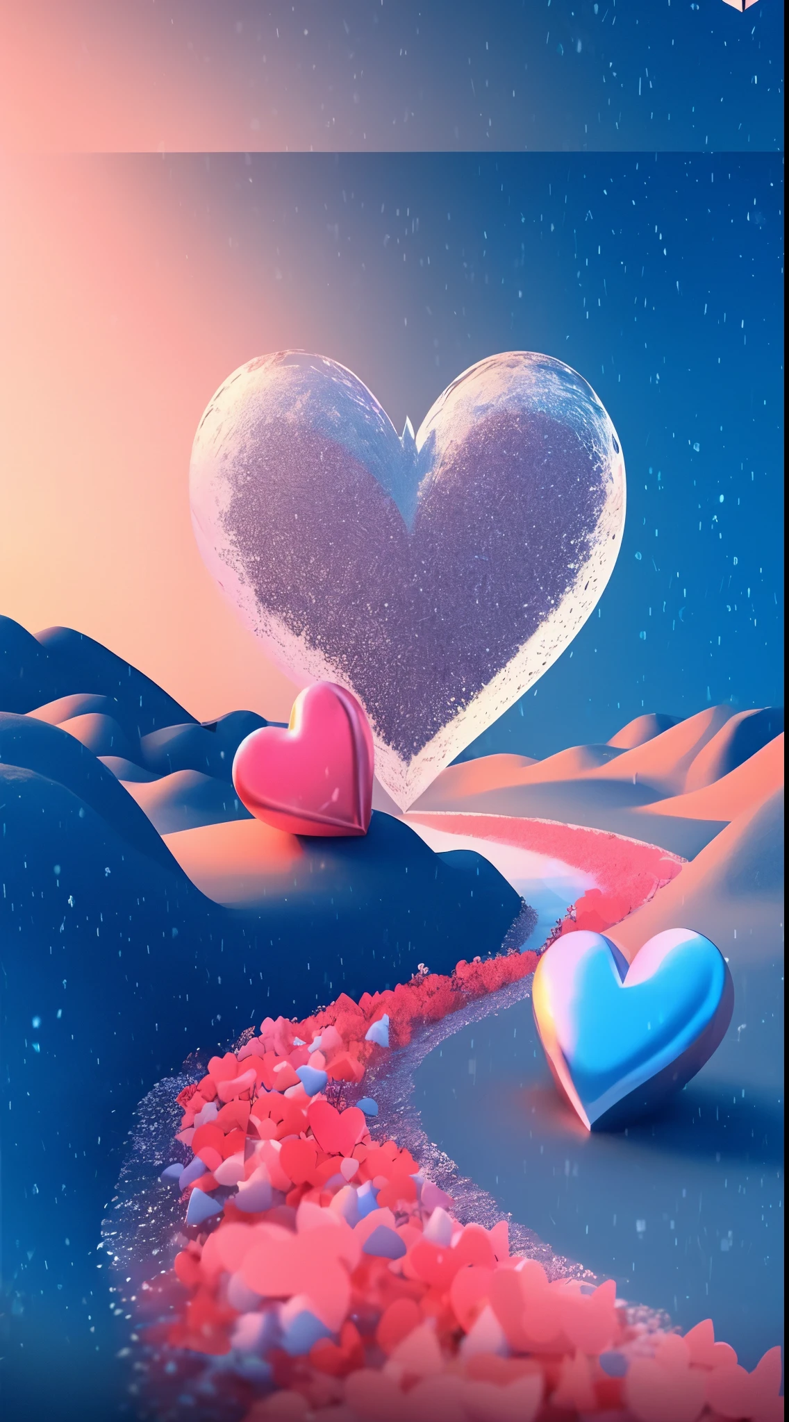 there is a heart shaped object on a snowy hill with a stream of water, stream of love and happiness, hearts, several hearts, blue and pink colors, concept art of love, unreal engine ; romantic theme, pink and blue colors, magic heart, falling hearts, many hearts, lovely, beautiful digital art, beautiful digital artwork, love is begin of all, hearts symbol