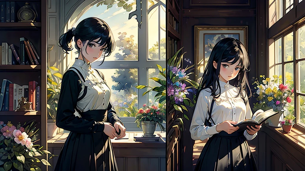 ((Watercolor by singer Sargent))、(highest quality、masterpiece)、1 girl、16 years old、wonderful、short black hair、black eye、small breasts、uniform、long skirt、library、Book、flower shop、Bookを読む、table、Floral、window、Foliage plant、 wood,soft light、