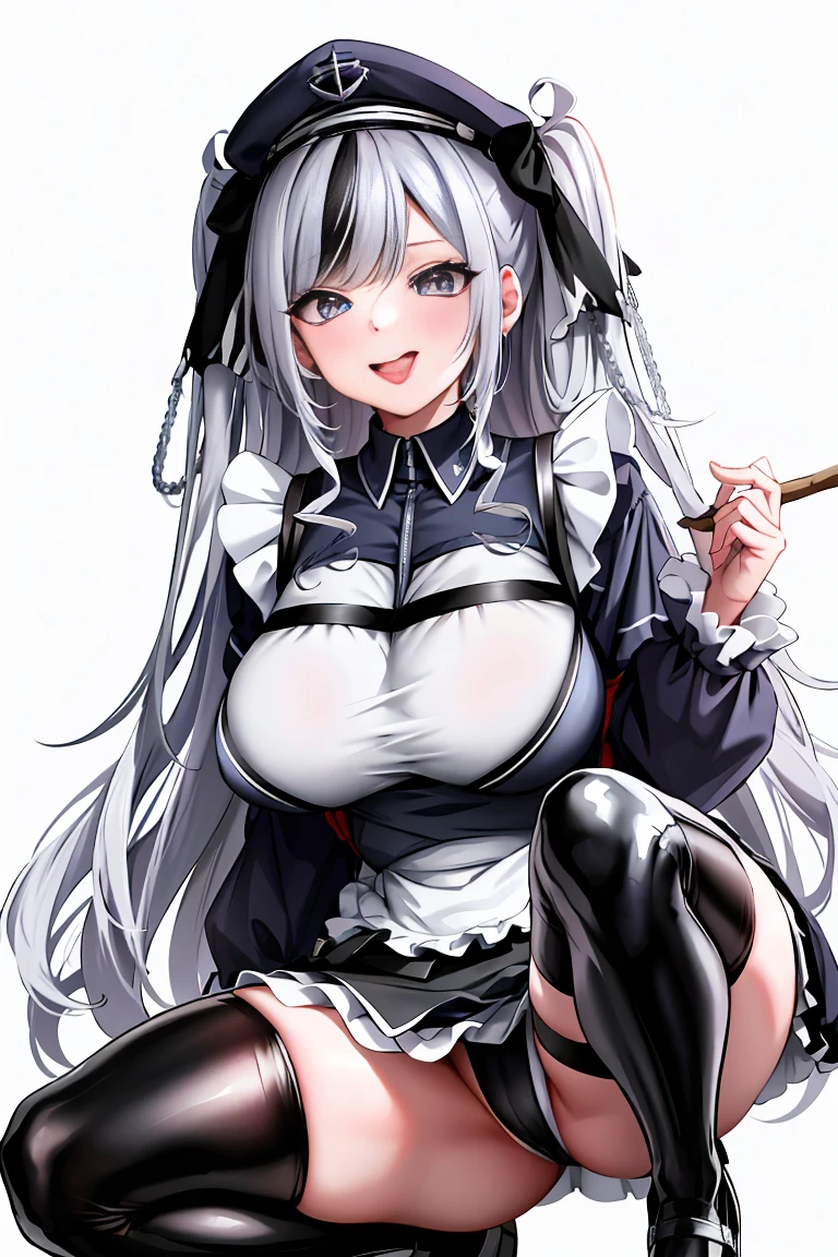 Lori with big in maid costume squatting on the ground，stick out her tongue，He looked at me with an interested expression.，silver hair，blue colored eyes，Wearing black suspender stockings，White-eye，with white skin，very detailed，