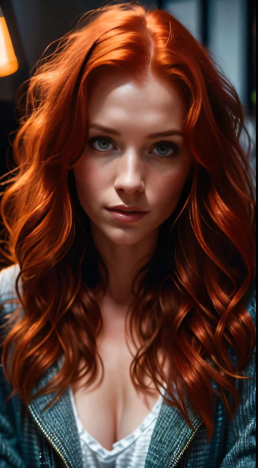 a photo of a seductive woman with loose styled redhead hair, posing in dark studio, she is wearing random clothes, intricate details, goosebumps, flawless face, shy, prude, (light freckles:0.9), ((photorealistic):1.2), raw, different poses