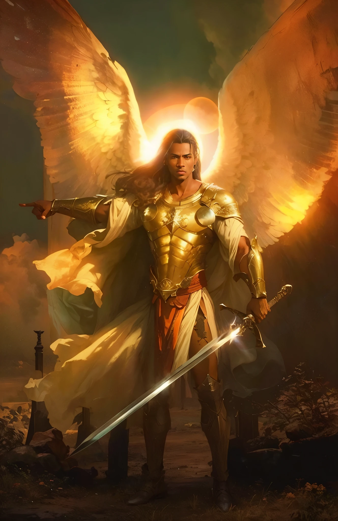 Fearless dark skin male angel, point the right index finger, tout le corps, with a great avenging sword, apocalypse, Jour de jugement dernier, illustration, cinematic light, high resolution, best quality, Ultra detailed, chef-d'artwork,