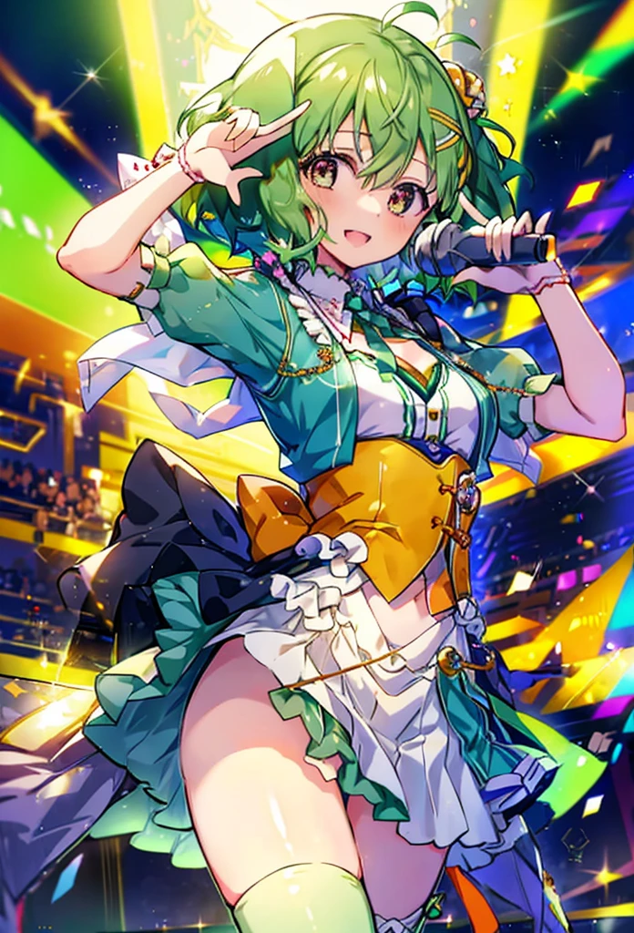 (anime:1.1), highest quality, table top,
1 girl, Lanka Lee,macross frontier　Lanka Lee, green hair, short hair、bob hair,small breasts, blue eyes, mature woman,  looking at the viewer, smile，Stage Performance, hot air，Idol style green kimono,White knee-high socks，jumping,，アイドルsinger standing in the center of the stage，アイドルsinger holding a microphone and singing， アイドルsinger&#39;serious and powerful expression. singer&#39;&#39;s voice is powerful and beautiful，fans gather around the stage， ファンはアイドルsingerと一緒に歌ったり踊ったりしています