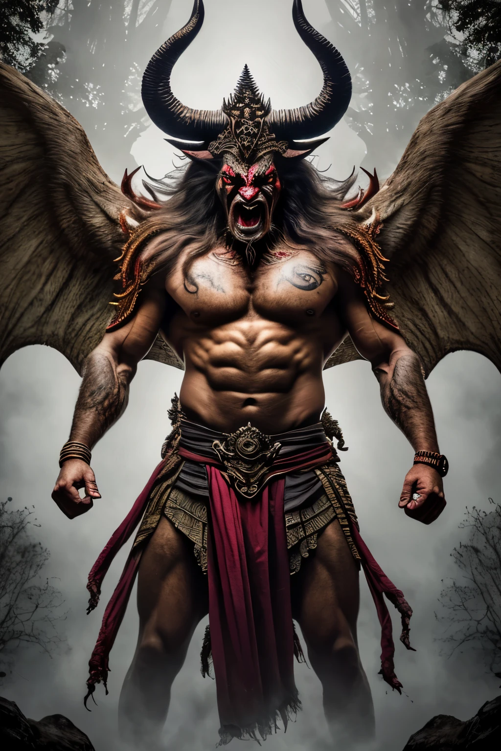 Fierce demonic form of lord Ravana from the Mahabharata, cinematic photoshoot ultra high definition 16k, realistic digital art masterpiece captured on Canon EOS R5 mirrorless camera. Sharp focus and intricate details reveal Ravana's menacing features: horns, sharp fangs, and piercing red eyes. Flames emanate from every angle, casting intense shadows against the backdrop of a mystical forest. His fierce expression and muscular physique exude raw power. The usage of dramatic side lighting adds depth and texture to his formidable figure. The intricate details of his tattoos, wrinkles on his face, and the veins on
