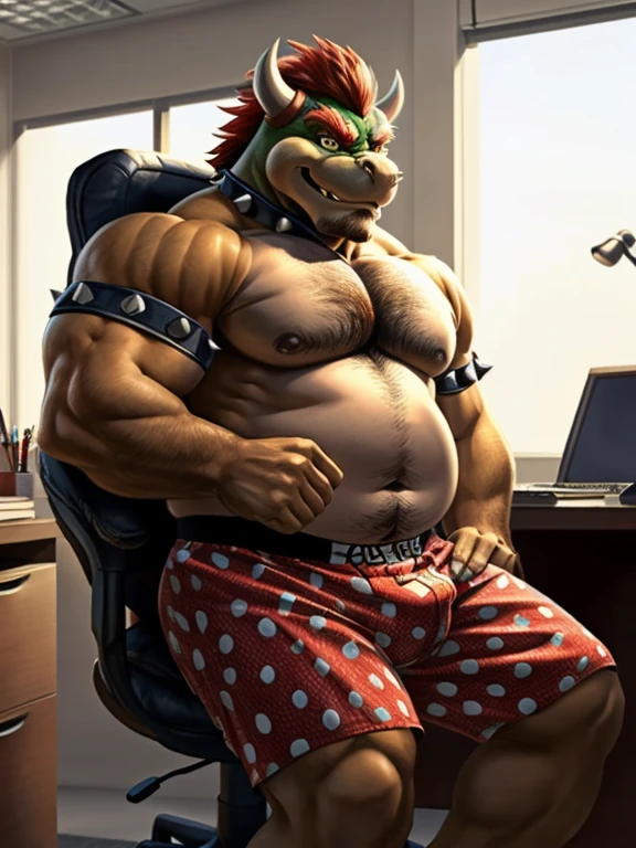 Bowser, beard, daddy, seductor, mirando al espectador, smirk, (white and red polka dots pattern oversized long loose boxers:1.3, pecs, (posing) macho, masculine, male focus, chubby, fat, de cerca, standing, frontal view, full body, office, sitting office chair