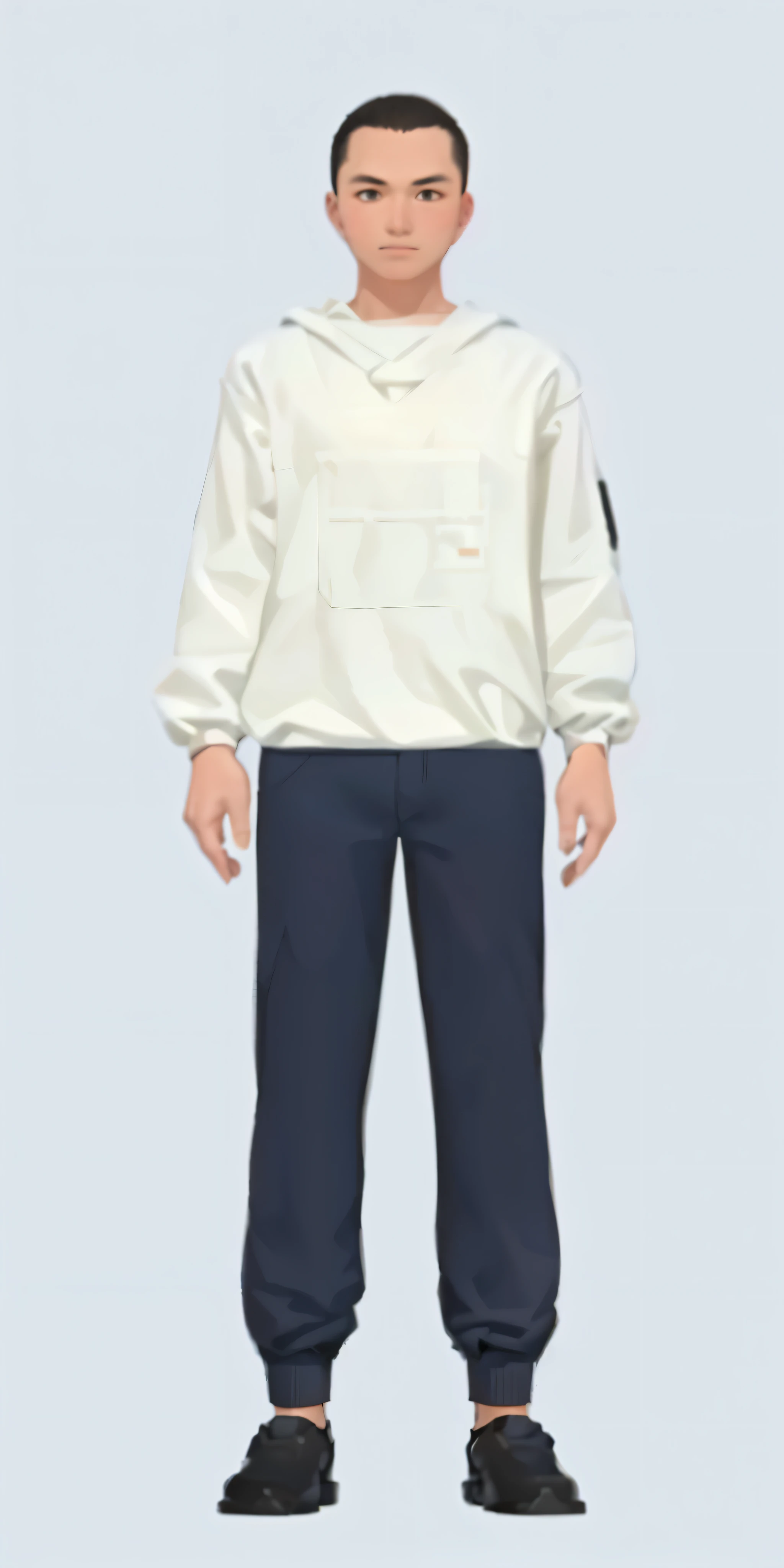 一个穿着white连帽衫和蓝色裤子的人的特写, live2d virtual YouTuber model, 飞行员clothing, zoomed out full body, white, in prison uniform, full-body shot, full body details非常丰富, woman&#39;clothing, cloth simulation, full body character, full body details, Full body and head view, full body details