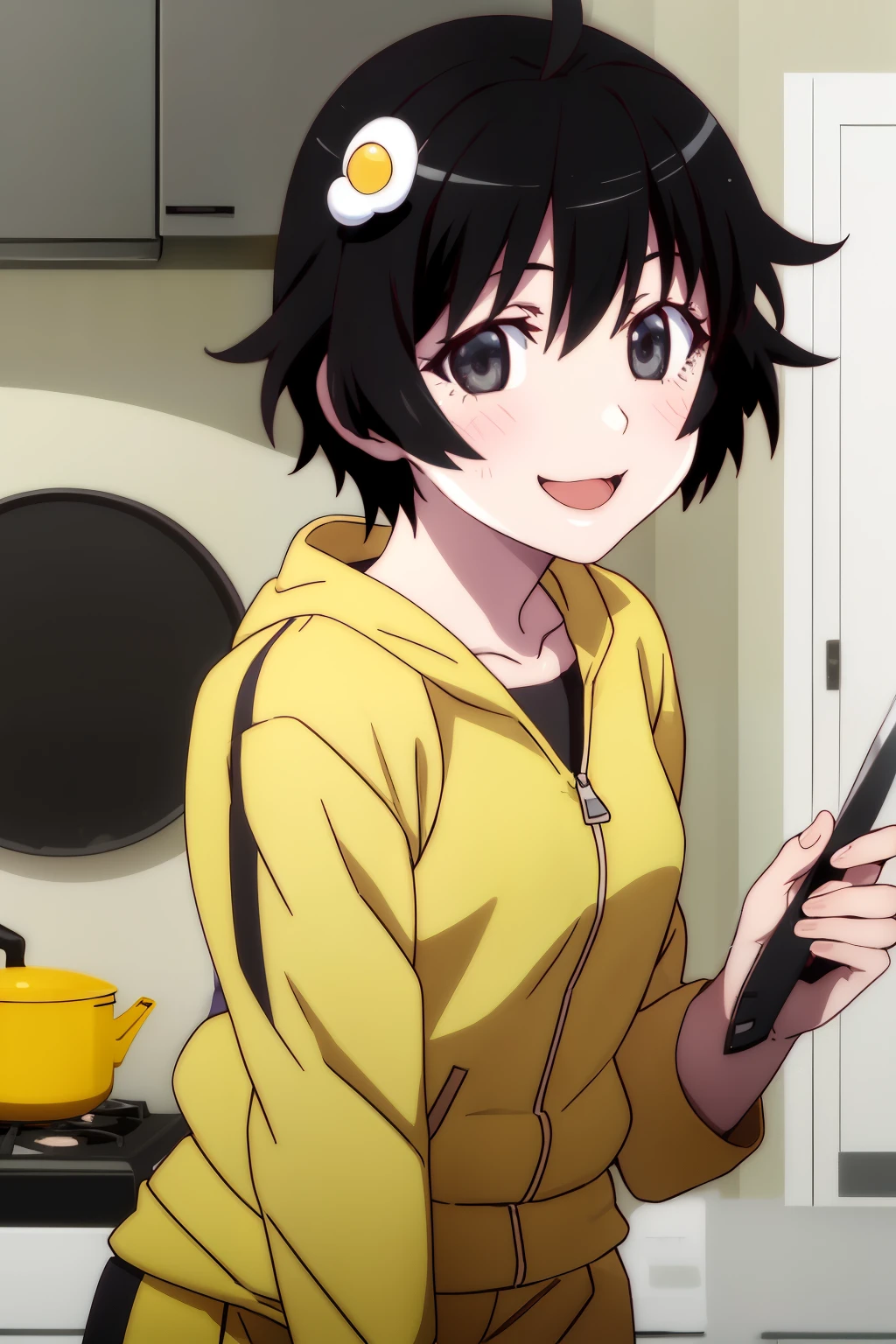 master piece, best quality, ultra high resolution, highest quality, anime style, best writing, beautiful face, (1 girl:1.3), alone, looking at the viewer, 
Araragi Tsukihi, short hair, (yellow tracksuit:1.4), Yellow pants, shorts, black tank top, hair ornaments, Ahoge, egg hair ornaments,
(crazy laughter:1.2), :3, (Holding a kitchen knife:1.1), inside the room, upper body