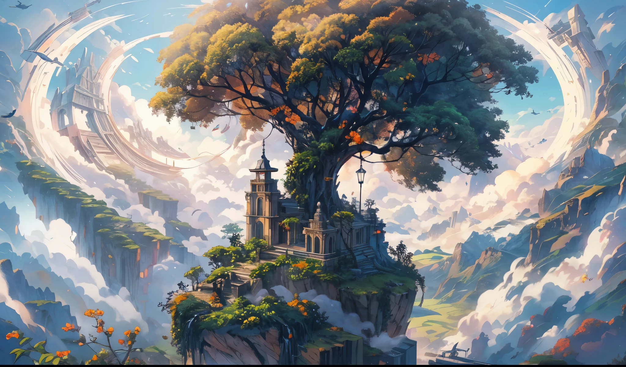 octane render,8K resolution concept art, realism,by Mappa studios,masterpiece,best quality,official art,illustration,ligne claire,(cool_color),perfect composition,absurdres, fantasy,focused,(in the air),(above the cloud:1.4),(finely detailed ancient lost_city:1.3),(lost_city towering above the clouds:1.2),epic,(focus_girl:1.2),(girl in city peak of Broken bridge), sitting on the verge of that bridge looking at the far horizons,rule of thirds,anime_face,fine-tuning face, detailed eyes,cute face,black hair, finely detailed fantasy traveler clothes,calm expression ,overhead_viewer,wind blow at viewer,fantastic plant,book,(Giant World Tree),motion,(depth_of_field), extension image, front view 