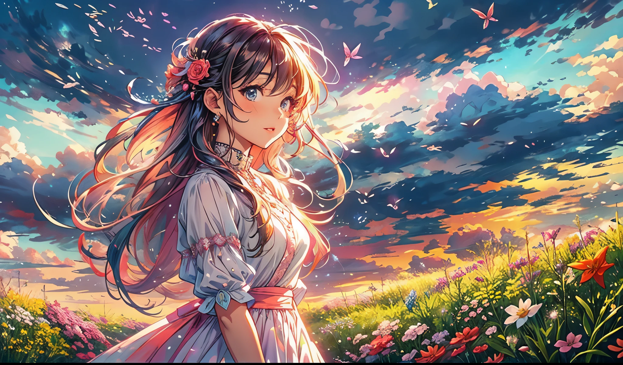 A stunning wide view image of an anime Young woman looking at the vast plain, countless of grass and colorful flowers, dreamlike sky, fluffy clouds, vibrant sunset colors, gentle breeze blowing through her hair, radiant smile on her face, elegant flowing dress, surrounded by a peaceful and enchanting atmosphere, soft natural light illuminating the scene, creating a magical and surreal ambiance. (best quality, ultra-detailed, photorealistic:1.37), anime style, pastel color palette, ethereal lighting