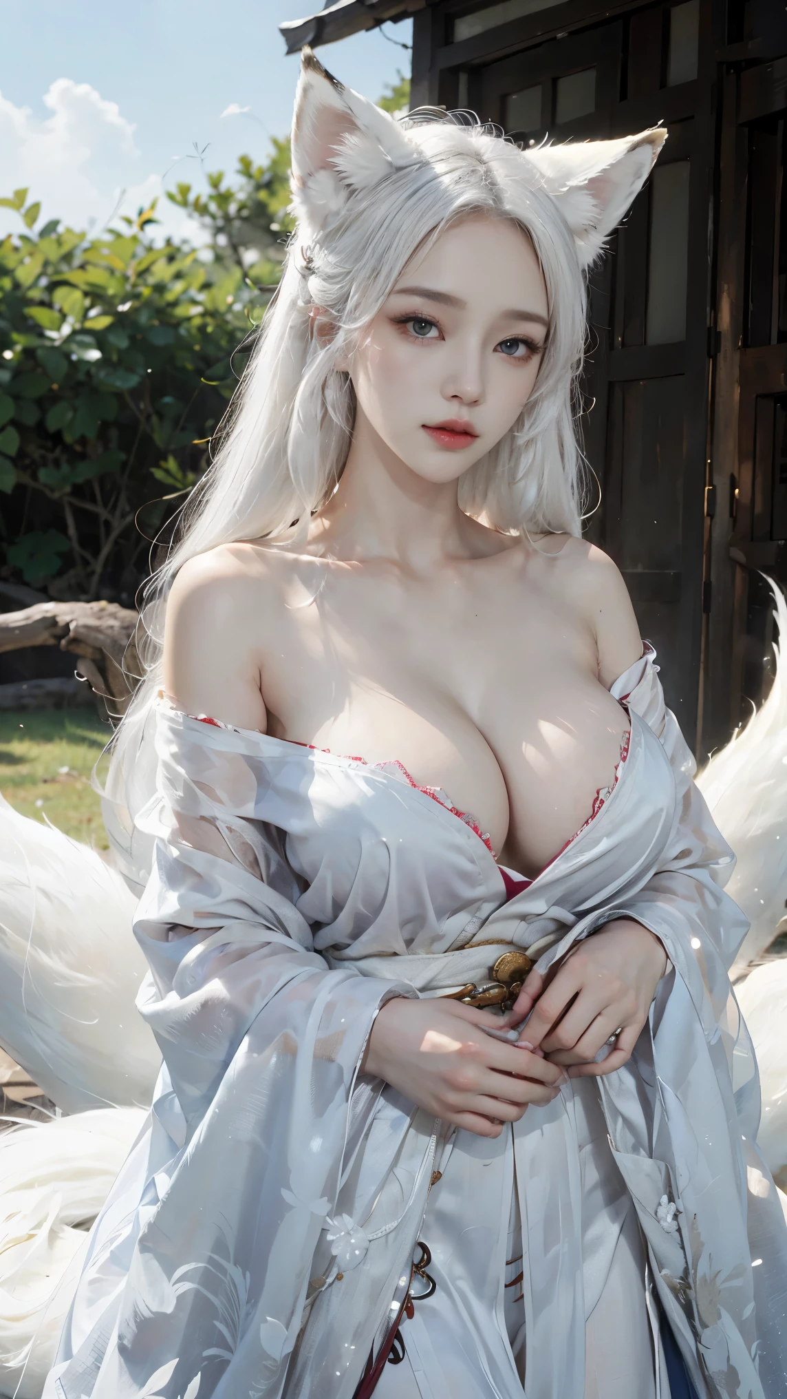 one nine-tailed fox girl wearing a kimono with her chest almost exposed, Beutiful blue eyes, skin white,pale skin, white kimono, very long white hair, fox ears, nine fox tails, chest almost visible, very large chest, very huge chest, very huge breast 