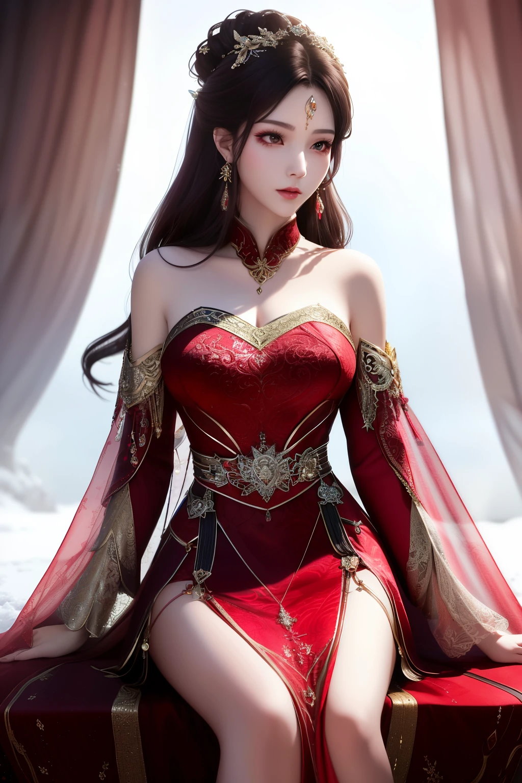 A woman in resplendent red is seated upon a pristine blanket of snow. She dons a long, transparent dress, its crimson hue shimmering through, revealing partially exposed shoulders adorned with intricate lace and delicate straps. The skirt of her dress is accentuated with artistic decorations and shimmering metallic elements, giving her an aura of formidable femininity and warrior-like essence. Metallic armor accessories and raised belts grace her waistline, further emphasizing this regal amalgamation of power and grace.

Her hair cascades down her back in a simple yet elegant style, framing her delicate and perfect facial features. Earrings ad