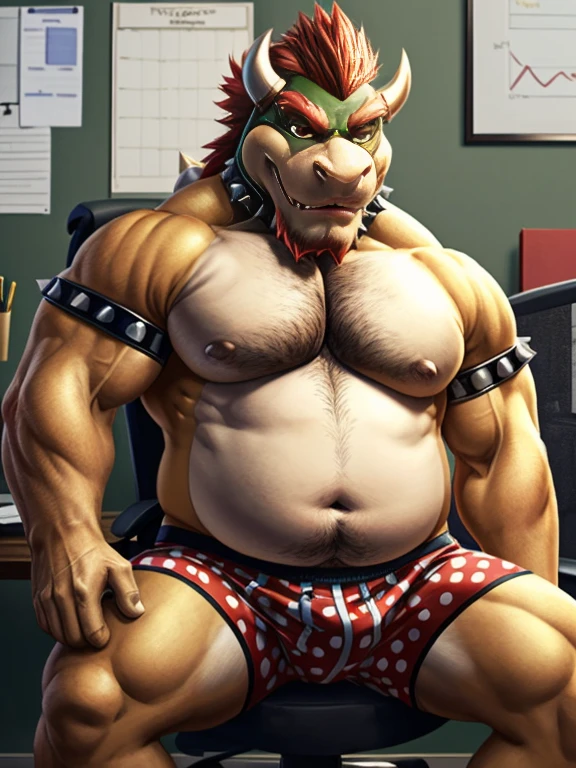 Bowser, beard, daddy, seductor, mirando al espectador, smirk, (white and red polka dots pattern oversized long loose boxers:1.3, pecs, (posing) macho, masculine, male focus, chubby, fat, de cerca, standing, frontal view, full body, office, sitting office chair