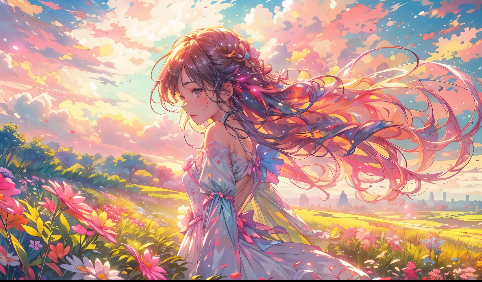 A stunning wide view image of an anime Young woman looking at the vast plain, countless of grass and colorful flowers, dreamlike sky, fluffy clouds, vibrant sunset colors, gentle breeze blowing through her hair, radiant smile on her face, elegant flowing dress, surrounded by a peaceful and enchanting atmosphere, soft natural light illuminating the scene, creating a magical and surreal ambiance. (best quality, ultra-detailed, photorealistic:1.37), anime style, pastel color palette, ethereal lighting