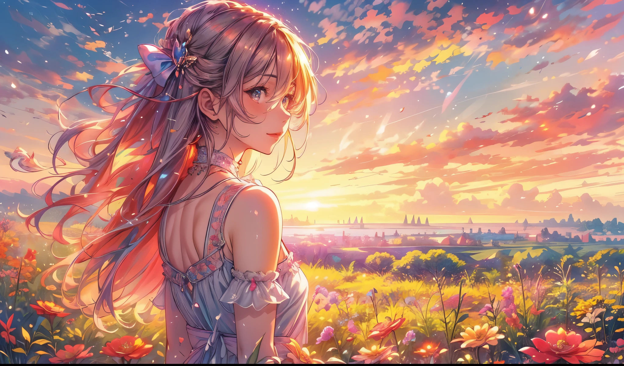 A stunning wide view image of an anime Young woman looking at the vast plain, countless of grass and colorful flowers, dreamlike sky, fluffy clouds, vibrant sunset colors, gentle breeze blowing through her hair, radiant smile on her face, elegant flowing dress, surrounded by a peaceful and enchanting atmosphere, soft natural light illuminating the scene, creating a magical and surreal ambiance. (best quality, ultra-detailed, photorealistic:1.37), anime style, pastel color palette, ethereal lighting