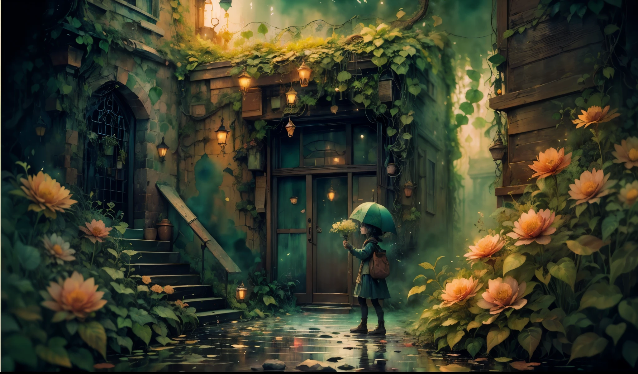 ((watercolor art)),(a tiny) human, (holding firmly) a bunch of flowers, watercolor, dark gritty, street, fantasy, (best quality, 4k, highres, masterpiece:1.2), ultra-detailed, (realistic:1.37), vivid colors, (moody lighting), (magical atmosphere), (cobblestone road), (mysterious shadows), (fantastical architecture), (enchanted surroundings), (whimsical elements), (misty aura), (intricate details), (emotionally expressive face), (unique character design), (lush foliage), (overgrown vines), (ethereal glow), (fallen petals), (contrast between light and dark), (captivating atmosphere), (heartwarming scene), (playful energy), (curiosity and wonder), (texture of the flowers), (impressionistic brushstrokes), (dreamlike charm), (sense of mystery), (gritty urban setting), (imaginative world), (dramatic composition), (expressive lines), (exquisite colors)